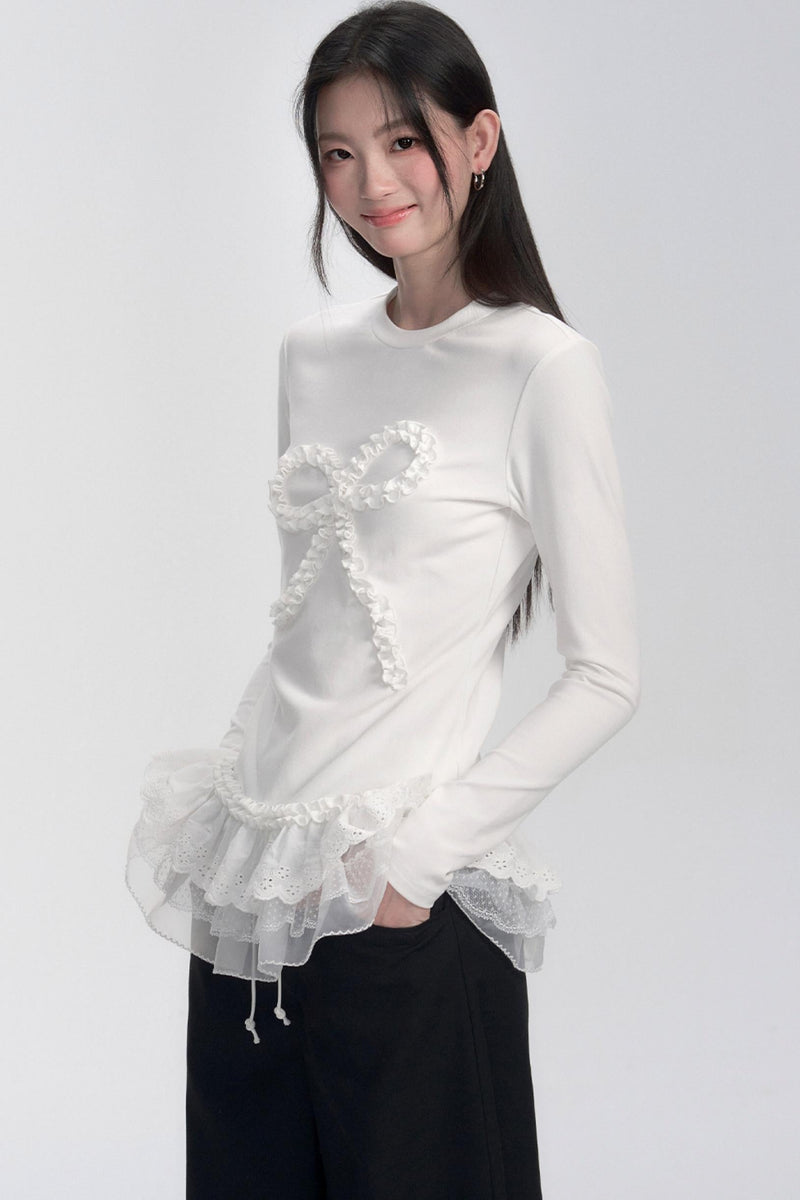 Ruffle Bow Lace Trim Sweater
