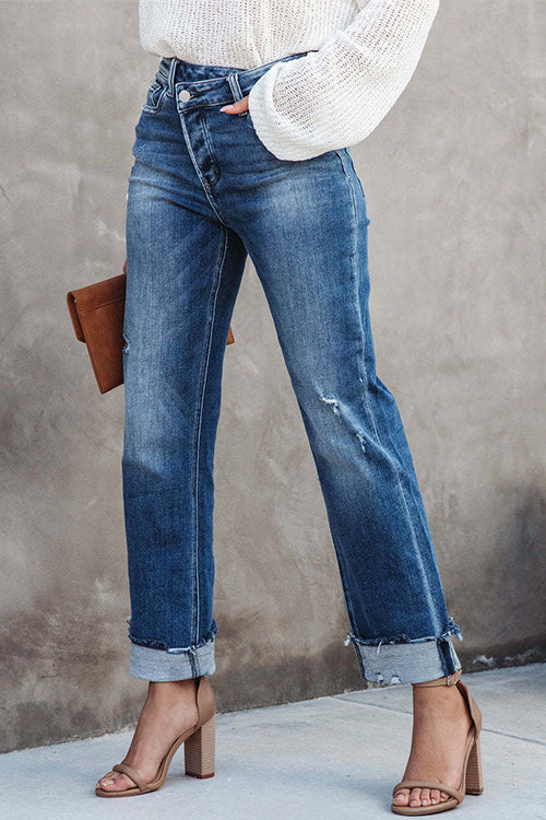 High Waist Straight Leg Ripped Denim Pants