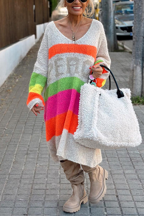V Neck Letter Pattern Stripes Midi Sweater Dress