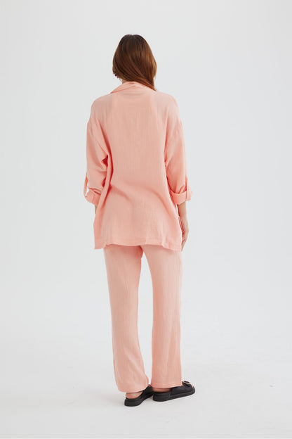 Long Sleeve Pocketed Slit Shirt Long Pants Suits