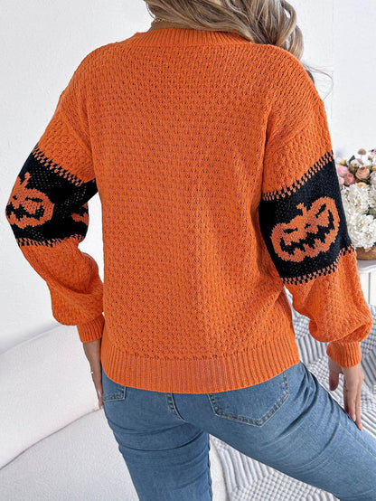 Halloween Pumpkin Head Color-block Crew Neck Knit Sweater
