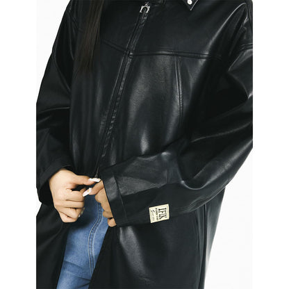 Black Leather Hooded Coat With Oversized Zipper