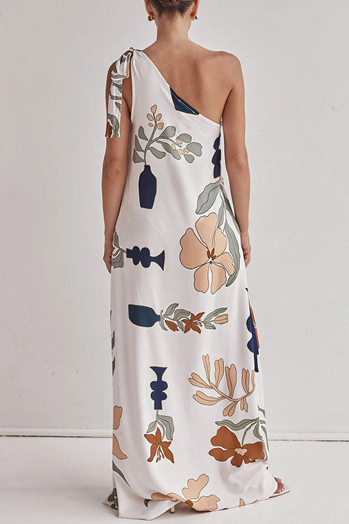Tie Knot One Shoulder Print Maxi Dress