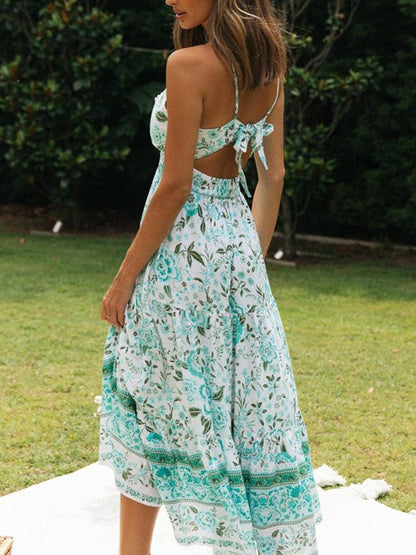 Lace Up V Neck Backless Maxi Dress