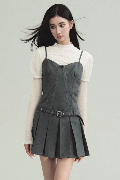 Professional Grey Blazer and Pleated Mini Dress Set