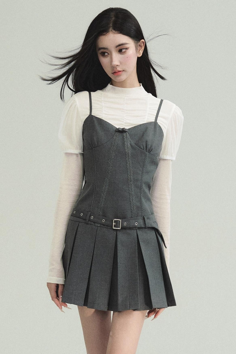 Professional Grey Blazer and Pleated Mini Dress Set