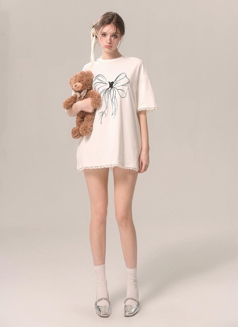 White Loose Short-sleeved T-shirt With Bow Lace Trim