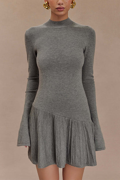 Mockneck Bell Sleeves Ruffle Mini Sweater Dress