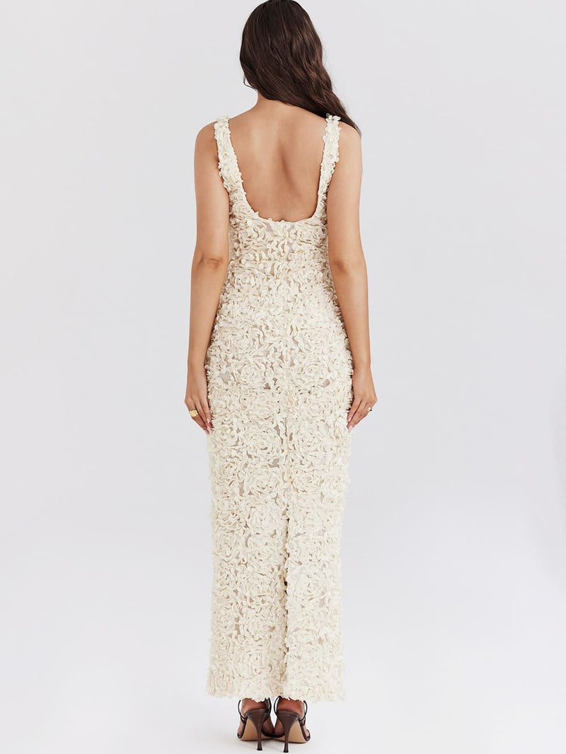 Creme Plunge Appliqué Maxi Dress-carena