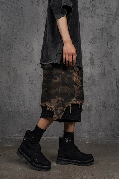 Double-layered Shredded Camo Shorts