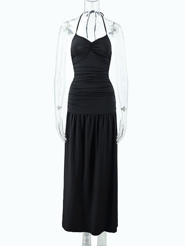 Tied Halterneck Ruched Slit Maxi Dress
