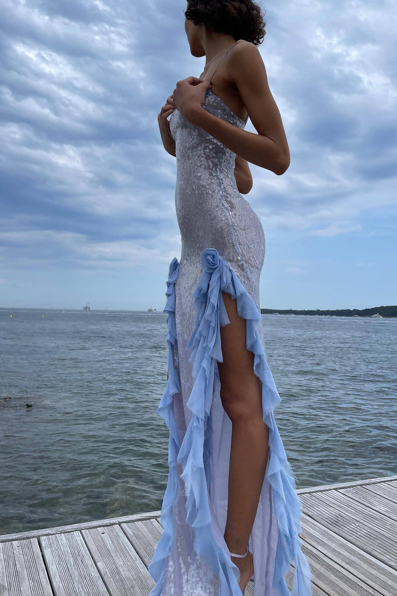 Sequin Sheer Side Slit Spaghetti Midi Dress