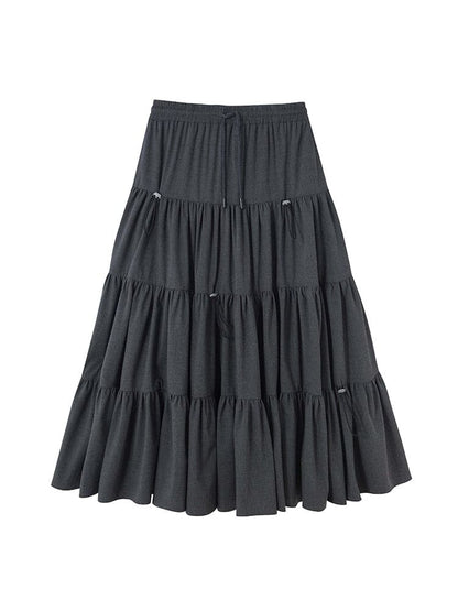 Crumply Flare Drawstring Tiered Long-skirt
