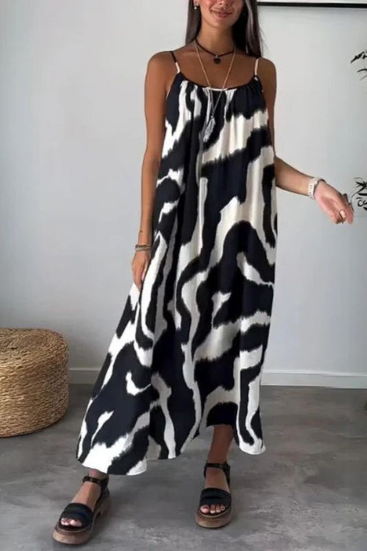Zebra Print Loose Suspender Maxi Skirt