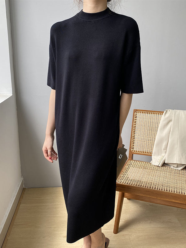 Temperament Round-neck Mauve Split-joint Short Sleeve Sweater Dress An1057