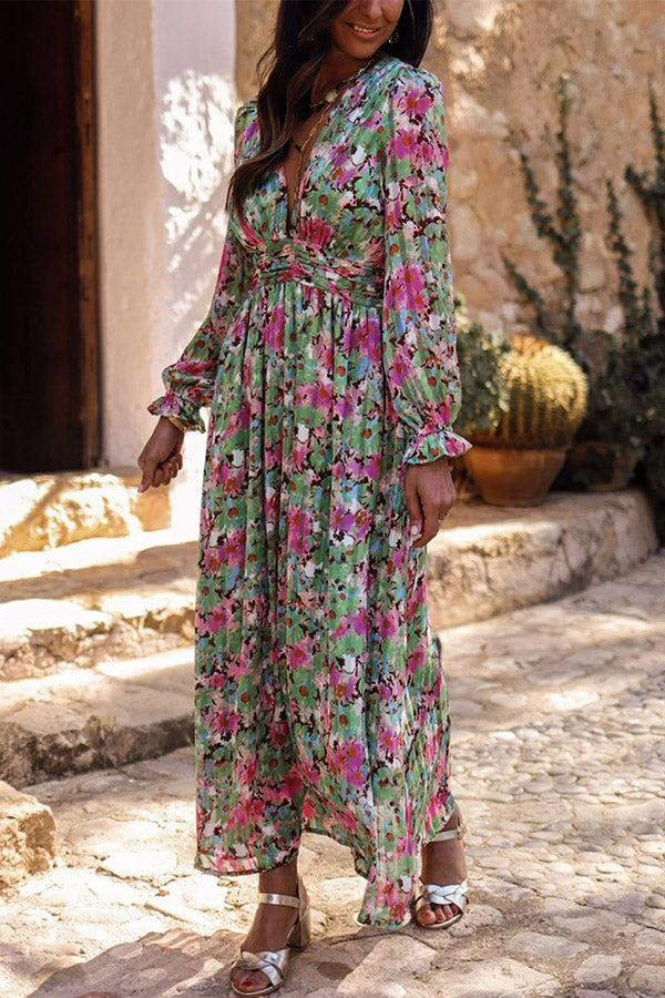 Green Print Deep V Neck Ruched Cinched Waist Maxi Dress
