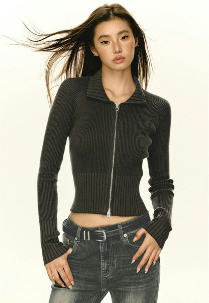 Slim Cropped Ribbed Zip-up Sweater