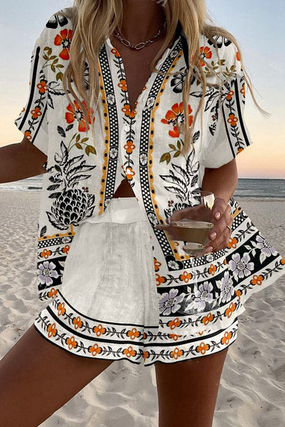 Print Loose Button Elastic Waist Shorts Set