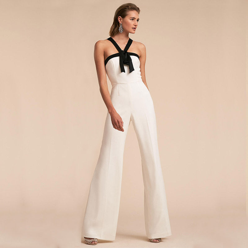 New Clothing Contrast Color Suspender Hot White Jumpsuit