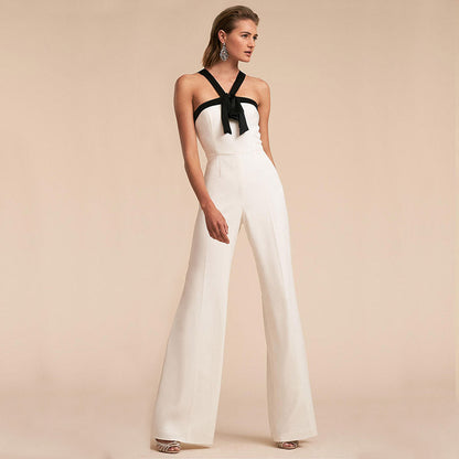 New Clothing Contrast Color Suspender Hot White Jumpsuit