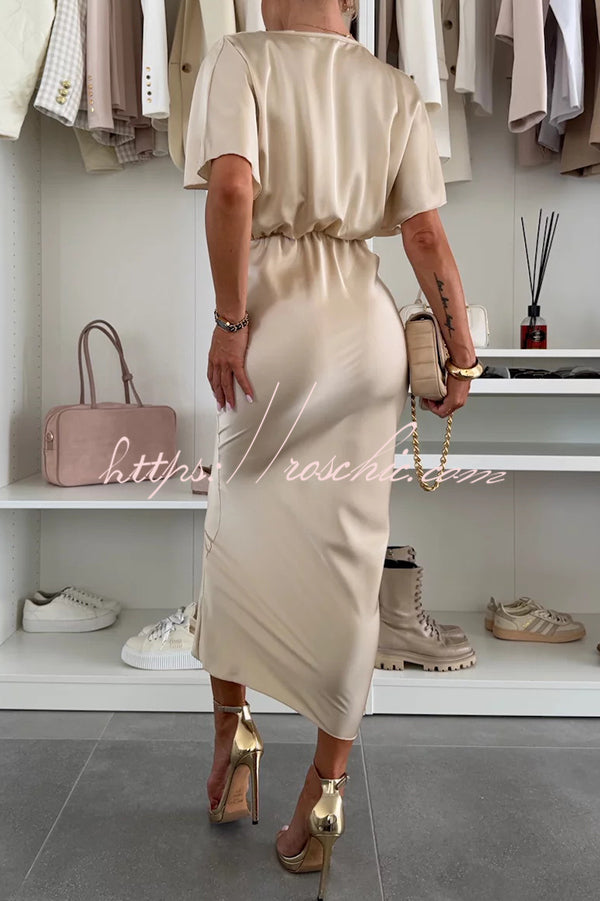 Satin Color V-neck Cross Knot Slim Maxi Dress