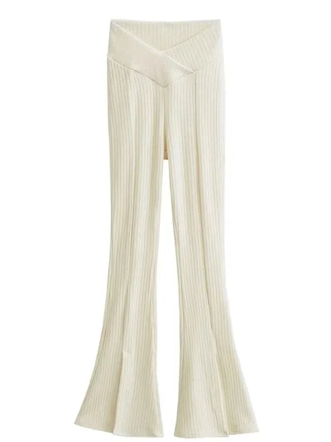 Knit Skinny Flared Trousers Split Out Trousers for Cross Low Waist White Flared Pants New
