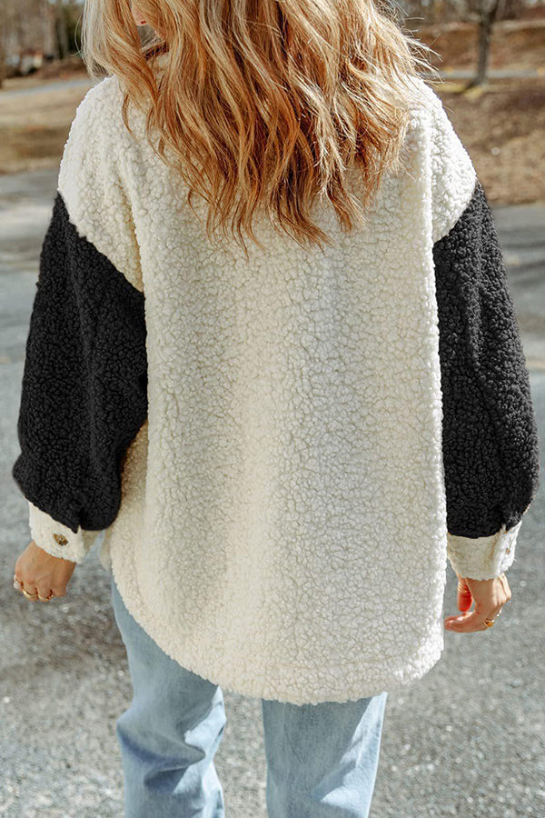 Autumn and Winter Long-sleeved Double-pocket Color-block Loose Fur Coat