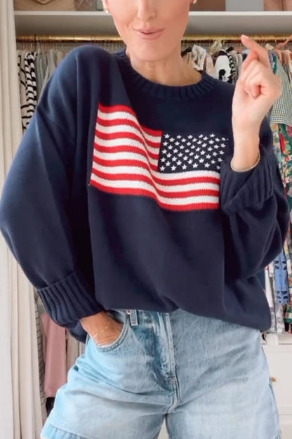Flag Pattern Knitted Crewneck Long Sleeve Sweater
