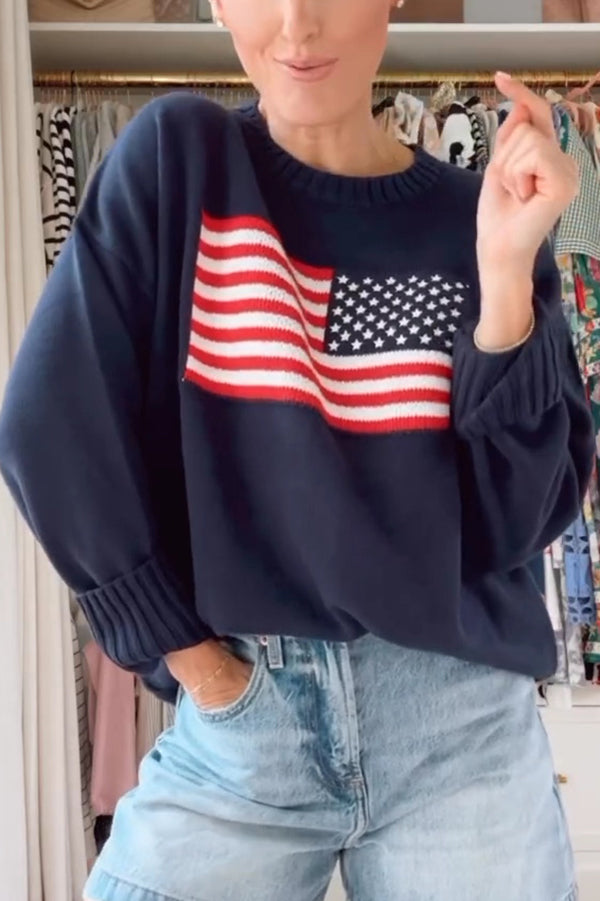 Flag Pattern Knitted Crewneck Long Sleeve Sweater