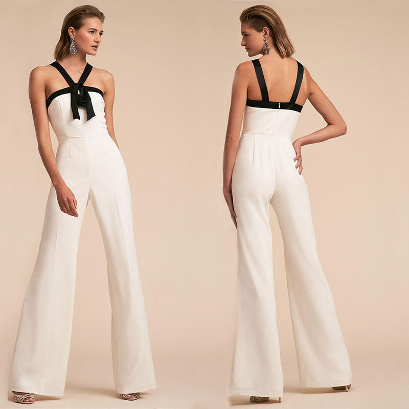 New Clothing Contrast Color Suspender Hot White Jumpsuit