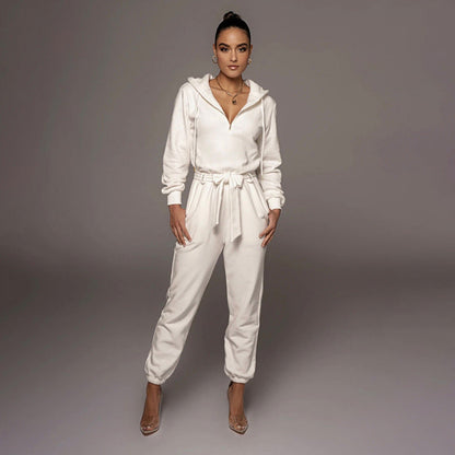 Autumn Winter Slim Fit Long Sleeve Color Hooded Half Open Collar Urban Jumpsuit
