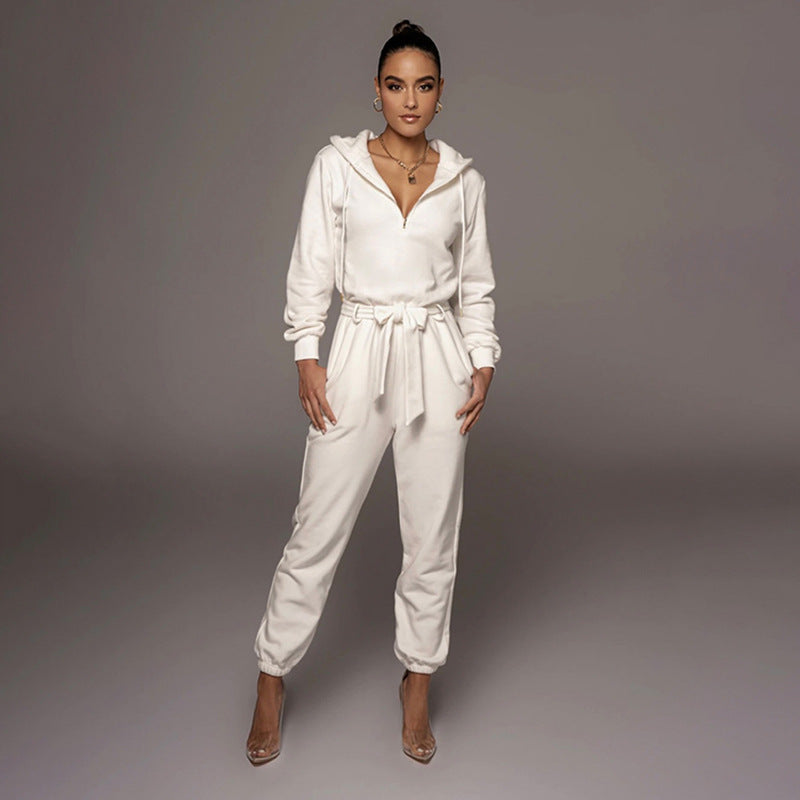 Autumn Winter Slim Fit Long Sleeve Color Hooded Half Open Collar Urban Jumpsuit