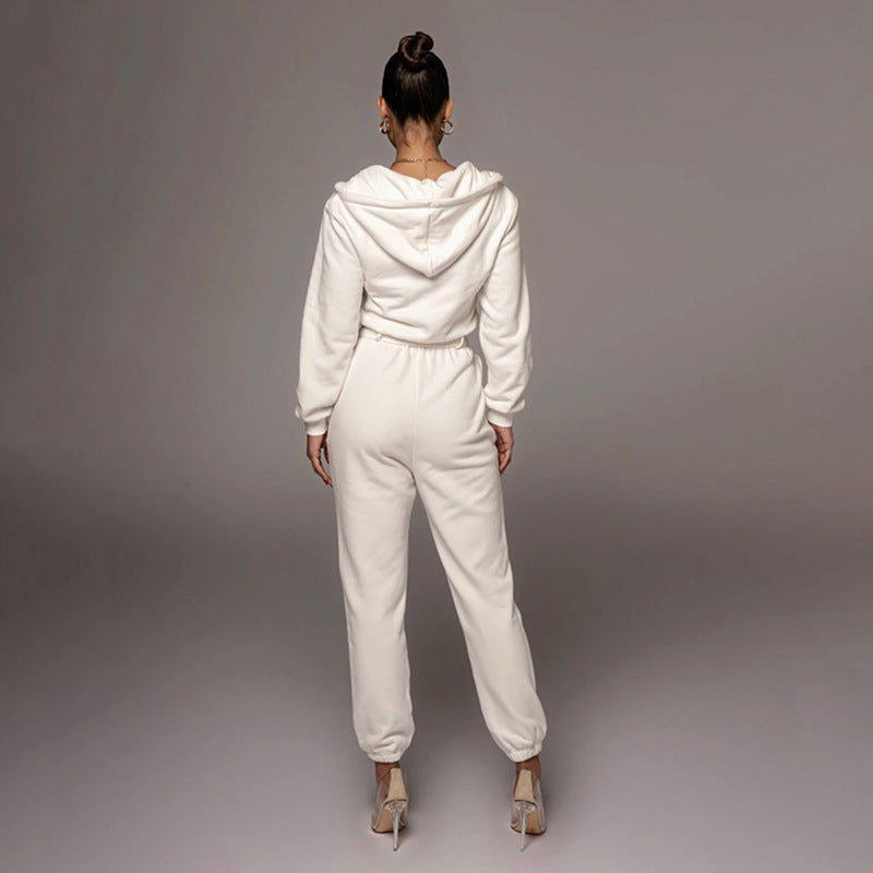 Autumn Winter Slim Fit Long Sleeve Color Hooded Half Open Collar Urban Jumpsuit