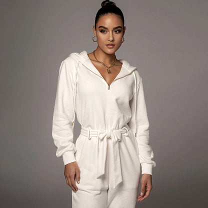 Autumn Winter Slim Fit Long Sleeve Color Hooded Half Open Collar Urban Jumpsuit