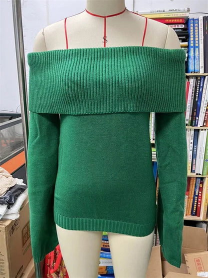 White Knit Sweater Pullover Female Off-shoulder Slim Long Sleeve High Waist Backless Loose Knitwear New