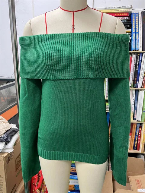 White Knit Sweater Pullover Female Off-shoulder Slim Long Sleeve High Waist Backless Loose Knitwear New
