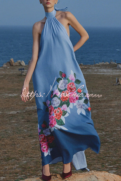 Blooming Flowers Satin Printed A-line Halter Tie-up Maxi Dress