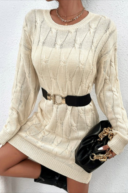 Color Long Sleeve Cable Knit Sweater Dress