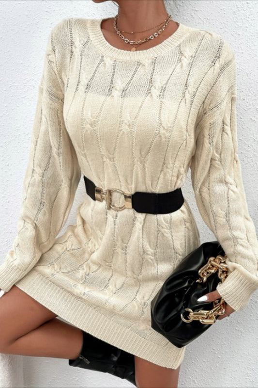 Color Long Sleeve Cable Knit Sweater Dress