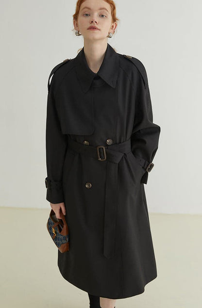 Double-breasted Loose Mid-length Melton Trench Coat