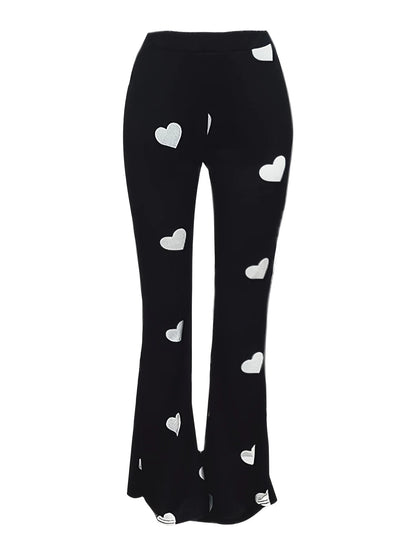 High Waist Heart Print Slimming Flared Pants New Spring Elastic Micro Horn Trousers Sweet Causal Style