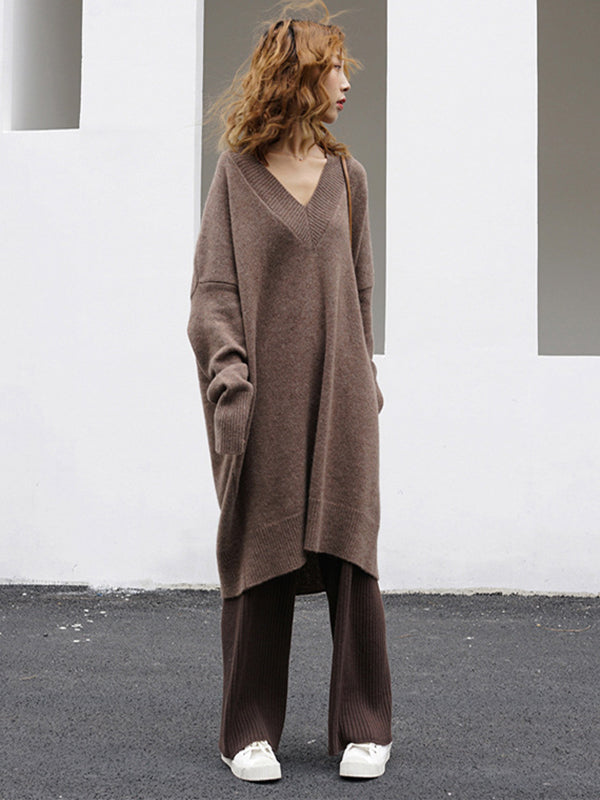 Stylish Long Sleeves Loose Color V-neck Sweater Dresses