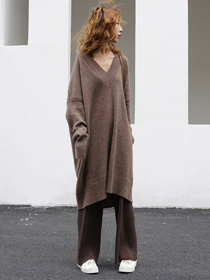 Stylish Long Sleeves Loose Color V-neck Sweater Dresses