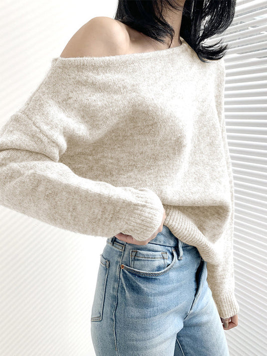 White Off-the-shoulder Long Sleeves Asymmetric Hem Sweater Qx007
