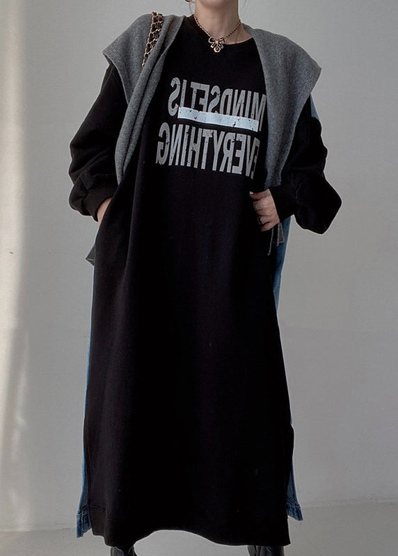Patchwork Long Dresses Denim Oversized Natural Spring Black