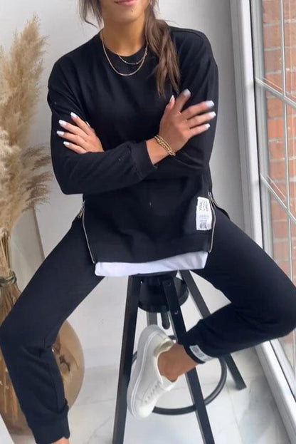 Color Round Neck Long-sleeved Sweatshirt and Elastic Waist Pants Set