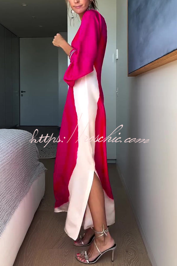 Contrast Print One-sleeve Slit Maxi Dress