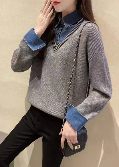New Khaki False Two Pieces Patchwork Knit Sweaters Top Fall Qc050
