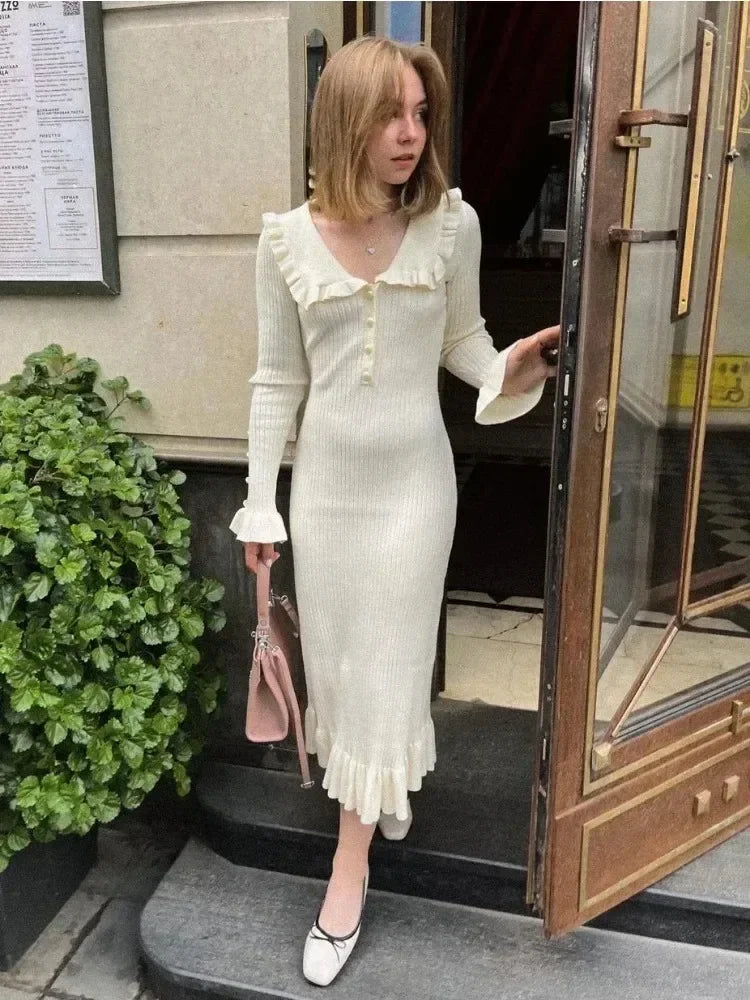 Ruffled Patchwork Knit Maxi Dress for Ribbed Long Sleeve Party Dress Gown Slim Knitwear Long Dress