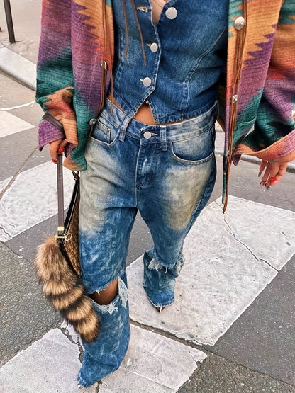High Waist Slant Pockets Distressed Denim Pants Yh1789